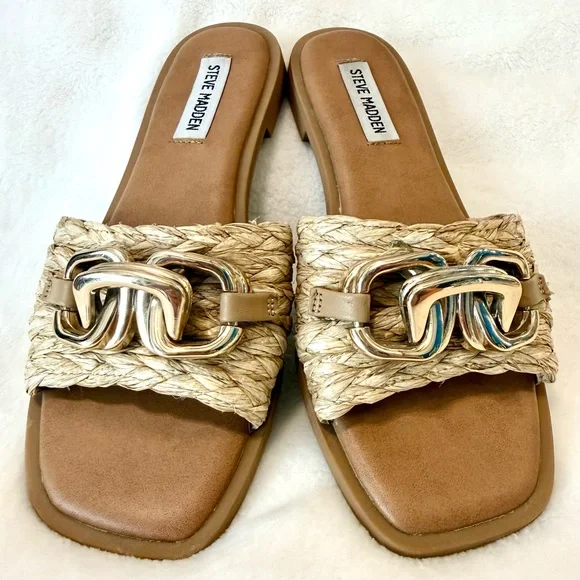 Steve Madden Gene Raffia Gold Chain Embellished Slide Sandals - Picture 5 of 7